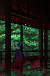 Rule 34 | 1girl, absurdres, artist name, back, blood, blood on body, blood on ground, bob cut, evil grin, evil smile, fate/grand order, fate (series), flower, from behind, glowing, glowing eyes, grin, headpiece, highres, horns, indoors, japanese clothes, kimono, looking at viewer, mokana moka, narrowed eyes, off shoulder, pavilion, pillar, profile, purple eyes, purple hair, purple kimono, reflective floor, scenery, shuten douji (fate), signature, skin-covered horns, smile, solo, spider lily
