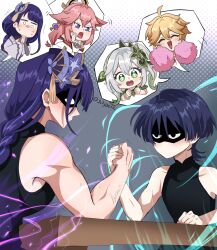 Rule 34 | + +, 2boys, 4girls, aether (genshin impact), animal ears, bare shoulders, black shirt, blonde hair, blue hair, blunt ends, braid, dark blue hair, detached sleeves, dress, electricity, floppy ears, flower, fox ears, genshin impact, gradient hair, green eyes, green hair, hair flower, hair ornament, highres, julydelic, leaf hair ornament, long hair, long sleeves, low-braided long hair, low-tied long hair, mandarin collar, multicolored hair, multiple boys, multiple girls, nahida (genshin impact), nontraditional miko, open mouth, pink hair, pointy ears, pom pom (cheerleading), purple eyes, purple flower, purple hair, raiden shogun, scaramouche (genshin impact), shirt, short hair, side ponytail, sleeveless, sleeveless shirt, smile, tassel, tassel hair ornament, wanderer (genshin impact), white dress, white hair, wide sleeves, yae miko