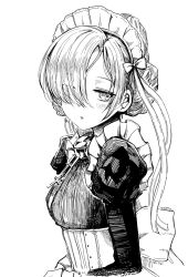 1girl azur_lane blush closed_mouth expressionless from_side greyscale hair_over_one_eye haruyukiko highres juliet_sleeves long_sleeves maid_headdress monochrome puffy_sleeves sheffield_(azur_lane) simple_background solo upper_body
