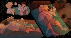2boys antenna_hair basil_(faraway)_(omori) basil_(omori) black_eyes black_hair blonde_hair bright_pupils brown_shorts charlesfirework closed_eyes closed_mouth collared_shirt highres hug indian_style long_sleeves looking_at_another male_focus multiple_boys omori on_bed pillow shirt short_hair shorts sitting socks speech_bubble spoilers spoken_thumbs_up spoken_zzz sunny_(omori) white_eyes white_pupils white_shirt white_socks yaoi zzz