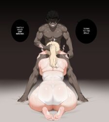 1boy 1girl ass back backboob barefoot black_hair blonde_hair breasts dark-skinned_male dark_skin elf english_text feet fellatio from_behind hetero highres implied_fellatio long_hair muscular naked_towel nude oral original penis pointy_ears ponytail sitting soles soraoraora speech_bubble toes towel wet