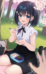 Rule 34 | 1boy, 1girl, :d, bad food, bag, bento, black hair, black ribbon, black shoes, black skirt, blue eyes, blurry, blurry background, blurry foreground, blush, braid, breasts, butterfly hair ornament, censored, censored food, chopsticks, collared shirt, commentary request, day, depth of field, dress shirt, flower, grass, hair between eyes, hair ornament, handbag, highres, holding, holding chopsticks, komori kuzuyu, looking at viewer, mosaic censoring, neck ribbon, open mouth, original, out of frame, outdoors, ribbon, rivier (kuzuyu), shirt, shoes, sitting, skirt, small breasts, smile, solo focus, sweat, tree, trembling, unworn shoes, white flower, white shirt, yokozuwari