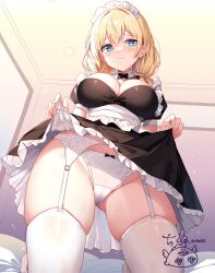 1girl artist_logo black_bow black_bowtie black_dress blonde_hair blue_eyes blush bow bowtie breasts cinu closed_mouth clothes_lift commentary_request dress dress_lift embarrassed frilled_dress frills furrowed_brow garter_belt gluteal_fold hair_between_eyes indoors large_breasts lifting_own_clothes logo long_hair looking_at_viewer maid maid_day maid_headdress original panties puffy_short_sleeves puffy_sleeves short_sleeves skindentation solo thighhighs twitter_username underwear white_garter_belt white_panties white_thighhighs