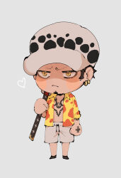 1boy arm_at_side black_footwear chest_tattoo chibi chibi_only facial_hair goatee grey_background hat hawaiian_shirt heart highres holding holding_sword holding_weapon male_focus one_piece rami_rz shirt short_hair shorts sideburns simple_background solo sword tattoo trafalgar_law weapon white_hat white_shorts yellow_eyes