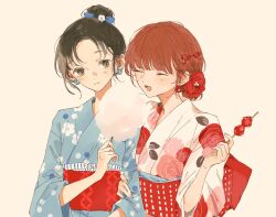 2girls ^_^ black_hair closed_eyes earrings food grabbing_another&#039;s_arm highres holding holding_food japanese_clothes jewelry kakmxxxny06 kimono kono_koi_wo_hoshi_ni_wa_negawanai kousaka_fuyuki light_smile multiple_girls red_hair second-party_source sharing_food shirai_eri simple_background upper_body