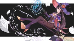 Rule 34 | 1girl, absurdres, black gloves, bodystocking, breasts, broom, broom riding, brown hair, choker, detached sleeves, earrings, fur collar, genshin impact, gloves, gokusaishiki (1376145360), gold trim, green eyes, hat, hat ornament, high heels, highres, hydrokinesis, jewelry, large hat, leotard, long hair, magic circle, medium breasts, mona (genshin impact), pantyhose, purple hat, purple leotard, simple background, sitting, solo, star (symbol), star choker, star earrings, thighlet, twintails, very long hair, water, witch hat