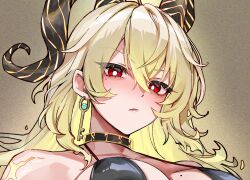 1girl alternate_costume bags_under_eyes bare_shoulders black_choker black_horns blonde_hair breasts bright_pupils choker closed_mouth collarbone cropped curled_horns earrings foxyreine hair_between_eyes highres horns jewelry key_earrings large_breasts long_hair looking_at_viewer mole mole_on_breast mole_under_eye portrait red_eyes solo white_pupils wuthering_waves zani_(wuthering_waves)
