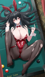 1girl :q absurdres animal_ear_hairband animal_ears azur_lane ball bare_shoulders billiard_ball black_hair black_pantyhose blush bow bowtie breasts cleavage commentary_request crossed_bangs detached_collar fake_animal_ears hair_between_eyes hair_spread_out hairband highleg highleg_leotard highres huge_breasts kafeifeifeifeifeifei_jiemo_jun leotard long_hair looking_at_viewer official_alternate_costume pantyhose playboy_bunny pool_table rabbit_ear_hairband rabbit_ears red_bow red_bowtie red_eyes red_leotard shiny_skin soles solo strapless strapless_leotard table taihou_(azur_lane) taihou_(fun_on_the_baize)_(azur_lane) tongue tongue_out torn_clothes torn_pantyhose very_long_hair white_wrist_cuffs wrist_cuffs