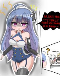 Rule 34 | 1boy, 2girls, admiral graf spee (azur lane), azur lane, bare shoulders, black hair, blue dress, blue eyes, blue hair, blush, bogue (azur lane), boots, breasts, buttons, cleavage, clothing cutout, commander (azur lane), curly hair, detached sleeves, double-breasted, dress, english text, evil smile, garter straps, hair between eyes, headgear, helena (azur lane), hip focus, medium breasts, multicolored hair, multiple girls, purple eyes, red hair, reign (user pgfa7472), shaded face, short dress, smile, solo focus, stalking, streaked hair, thigh boots, thigh gap, thighs, underboob cutout, white hair, yandere