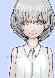 act-age angel angelic bad_tag calm clean momoshiro_chiyoko non-web_source pale_color short_hair simple_background smile solo white_hair yellow_eyes