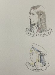1boy 1girl absurdres blonde_hair blue_ribbon brown_hair character_name closed_mouth cropped_shoulders english_text engrish_text fate_(series) flower from_side grey_flower hat hat_flower highres long_hair lord_el-melloi_ii lord_el-melloi_ii_case_files profile ranguage reines_el-melloi_archisorte ribbon satou_usuzuku traditional_media waver_velvet white_headwear