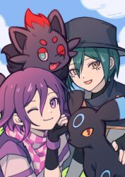 2boys :d ;d black_gloves black_hat brown_eyes character_request checkered_clothes checkered_scarf cloud danganronpa_(series) danganronpa_v3:_killing_harmony day ewa_(seraphhuiyu) fang fingerless_gloves gen_2_pokemon gloves green_hair hat highres male_focus multiple_boys nintendo oma_kokichi one_eye_closed open_mouth outdoors pink_eyes pink_hair pokemon pokemon_(creature) saihara_shuichi scarf short_sleeves smile umbreon upper_body
