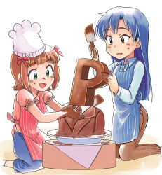 2girls amami_haruka apron blue_apron blue_hair blue_shirt bow brown_eyes brown_hair brown_pants chef_hat chocolate chocolate_on_hand collared_shirt food food_on_hand green_eyes hair_bow hat idolmaster idolmaster_(classic) kisaragi_chihaya kneeling long_hair long_sleeves looking_at_food multiple_girls open_mouth p-head_producer pants pink_shirt producer_(idolmaster) red_apron red_bow shirt short_hair short_sleeves simple_background smile sweatdrop tsubobot white_background