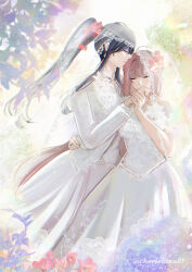 Rule 34 | 2girls, absurdres, black hair, bridal veil, bride, brown hair, cherie luna, chief (path to nowhere), closed eyes, closed mouth, commentary, dress, english commentary, female chief (path to nowhere), female focus, flower, hair flower, hair ornament, hand on another&#039;s waist, highres, holding hands, jewelry, kiss, kissing hand, long hair, long sleeves, multiple girls, original, path to nowhere, pink flower, ponytail, purple flower, rahu (path to nowhere), red flower, ring, see-through clothes, see-through veil, twitter username, veil, wedding dress, wedding ring, white dress, wife and wife, yuri