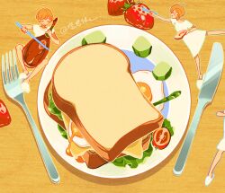 3girls :q ahoge animated animated_gif bacon bare_arms bare_legs blonde_hair blue_outline bow_(music) bowl bread bread_slice cello chinese_commentary closed_eyes closed_mouth commentary_request dress food food_focus fried_egg fruit holding holding_bow_(music) holding_bowl holding_food instrument ketchup lettuce multiple_girls music original outline outstretched_leg phage plate playing_instrument red_eyes sandwiched short_dress short_hair short_sleeves slippers smile smiley_face strawberry table tomato tomato_slice tongue tongue_out white_dress white_footwear yellow_outline