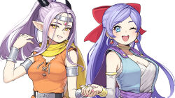 Rule 34 | 2girls, ;d, armlet, black horns, blue eyes, blue robe, bow, bracelet, breasts, bridal gauntlets, cape, choker, circlet, cleavage, commentary, cosplay, costume switch, cropped, dragon girl, dragon quest, dragon quest x, dress, earrings, estella (dq10), gem, gold choker, grin, hair bow, half updo, highres, holding hands, horns, jewelry, kulumi e, large breasts, long hair, looking at viewer, looking to the side, mereade, monster girl, multicolored robe, multiple girls, one eye closed, open mouth, orange dress, parted bangs, pink nails, pointy ears, ponytail, purple cape, purple hair, red bow, red gemstone, robe, scarf, silver armlet, silver circlet, slit pupils, smile, sphere earrings, symbol-only commentary, upper body, white background, white bridal gauntlets, white robe, yellow eyes, yellow scarf