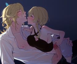 1boy 1girl absurdres black_shirt blonde_hair blush breasts closed_eyes djinchnizhnsh1 feather_hair_ornament feathers genshin_impact hair_between_eyes hair_ornament highres kaveh_(genshin_impact) long_hair lumine_(genshin_impact) nipples open_clothes open_mouth open_shirt penis scar sex shirt shorts uncensored white_shirt white_shorts yellow_eyes