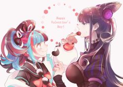 2girls absurdres black_choker black_dress black_hair black_sailor_collar black_serafuku blue_hair blue_jacket breasts candy chocolate chocolate_heart choker commentary double_bun dress english_text fate/grand_order fate_(series) food from_side grin hair_bun happy_valentine heart heart-shaped_food highres jacket large_breasts large_pectorals long_hair looking_at_another multicolored_hair multiple_girls murasaki_shikibu_(fate) murasaki_shikibu_(first_ascension)_(fate) neckerchief pectorals purple_eyes red_hair red_neckerchief sailor_collar school_uniform sei_shounagon_(fate) sei_shounagon_(first_ascension)_(fate) serafuku sidelocks smile sunglasses suyo sweat teeth twintails unworn_eyewear valentine yellow_eyes yuri