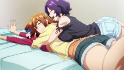 3girls animated anime_screenshot ass bed black_shirt blush breast_press breasts brown_hair closed_eyes denim denim_shorts grand_blue hamaoka_azusa highres hug jacket kotegawa_chisa kotegawa_nanaka large_breasts long_hair medium_hair multiple_girls on_bed orange_shirt parted_bangs purple_hair red_shirt shirt shorts siblings sidelocks sisters smile sound tagme thighs video yellow_jacket