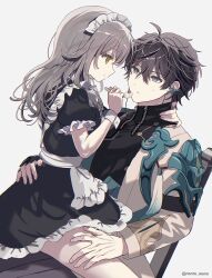 1girl 1other absurdres alternate_costume apron black_dress black_hair black_jacket coat commentary dan_heng_(honkai:_star_rail) dress enmaided feeding frilled_dress frills green_eyes grey_hair grey_pants hand_on_another&#039;s_thigh highres holding holding_spoon honkai:_star_rail honkai_(series) jacket looking_at_another maid maid_apron maid_headdress pants puffy_short_sleeves puffy_sleeves short_dress short_sleeves simple_background sitting sitting_on_lap sitting_on_person spoon stelle_(honkai:_star_rail) trailblazer_(honkai:_star_rail) turtleneck turtleneck_jacket twitter_username white_apron white_background white_coat wrist_cuffs yellow_eyes yuma_(mron_322)