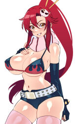 Rule 34 | 1girl, belt, bikini, bikini top only, bracelet, breasts, cleavage, fingerless gloves, flame print, gloves, gun, hair ornament, hair stick, hand on own chest, jewelry, large breasts, long hair, navel, no shirt, pink thighhighs, ponytail, red hair, rifle, scarf, short shorts, shorts, skull hair ornament, smile, solo, striped clothes, striped scarf, studded belt, studded bracelet, swimsuit, tengen toppa gurren lagann, thighhighs, volyz, weapon, yellow eyes, yoko littner