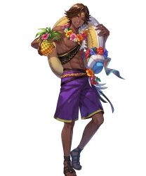 Rule 34 | 1boy, abs, brown eyes, brown hair, dark-skinned male, dark skin, fire emblem, fire emblem engage, fire emblem heroes, flower, flower necklace, fogado (fire emblem), fogado (summer) (fire emblem), food, fruit, highres, innertube, jewelry, lei, looking at viewer, male focus, male swimwear, necklace, nintendo, non-web source, official alternate costume, official art, one eye closed, open mouth, pineapple, purple swim trunks, sandals, smile, solo, star-shaped pupils, star (symbol), swim ring, swim trunks, symbol-shaped pupils, tachi-e, transparent background