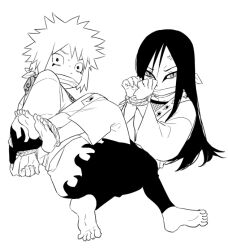 Rule 34 | aged down, anger vein, angry, barefoot, black hair, eyeliner, facial mark, feet together, gagged, japanese clothes, jiraiya (naruto), kimono, kutuyatti, looking at viewer, makeup, monochrome, multiple boys, narrowed eyes, naruto (series), on person, orochimaru (naruto), own hands together, rope gag, slit pupils, spiked hair, tied up (nonsexual), wide-eyed
