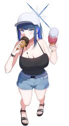 1girl absurdres baseball_cap black_camisole blue_archive blue_halo camisole colored_inner_hair cross_halo denim denim_shorts halo hat highres multicolored_hair official_alternate_costume saori_(blue_archive) saori_(swimsuit)_(blue_archive) senkuma777 shorts solo white_background white_hat