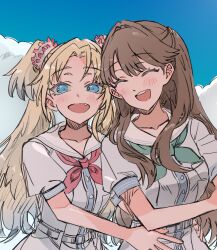 Rule 34 | 2girls, :d, ^ ^, aqua neckerchief, blonde hair, blue eyes, blue hair, blue sky, blush, breast pocket, brown hair, closed eyes, cloud, commentary, day, dress, fang, flower, fujishima megumi, gradient hair, grey dress, hair flower, hair intakes, hair ornament, hasu no sora school uniform, highres, junjun (kimi-la), link! like! love live!, long hair, love live!, mira-cra park!, multicolored hair, multiple girls, neckerchief, open mouth, osawa rurino, parted bangs, pink flower, pocket, puffy short sleeves, puffy sleeves, red neckerchief, sailor collar, sailor dress, school uniform, short sleeves, sky, smile, summer uniform, two side up, upper body, virtual youtuber, white sailor collar