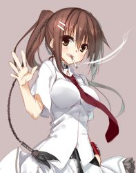 1girl belt breasts brown_eyes brown_hair cigarette collar female_focus grey_background hair_ornament hairclip highres kagome kagome_(traumatize) long_hair looking_at_viewer minakami_yuki necktie open_mouth ponytail skirt smile smoke smoking solo subarashiki_hibi waving wristband