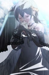 Rule 34 | 1girl, animal ears, black dress, black ribbon, black veil, black wings, cat ears, choker, claws, closed eyes, closed mouth, cloud, cloudy sky, commission, commissioner upload, debuff999, dress, feathered hair, feathered wings, funeral dress, gold claws, gradient skin, highres, kneeling, laurel crown, non-web source, original, outdoors, praying, rain, ribbon, sad, scar, scar across eye, scar on face, sky, solo, thorns, veil, wet, wings