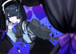 1girl ado_(utaite) black_choker black_hair black_skirt blue_eyes blue_nails blue_shirt chando_(ado) choker clothing_cutout commentary darling_dance_(vocaloid) hand_up heart heart-shaped_pupils highres jirai_kei long_sleeves met61375931 mole mole_under_eye nail_polish open_mouth pill pleated_skirt shirt shoulder_cutout skirt solo symbol-shaped_pupils utaite
