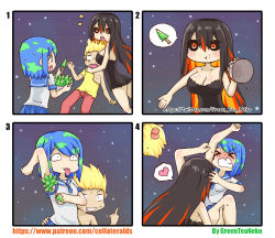&gt;_&lt; 1boy 2girls 4koma :d :t absurdres arm_up armpit_hair licking_armpit armpits artist_name ass asymmetrical_sleeves bad_id bad_pixiv_id bare_shoulders bite_mark black_dress black_hair black_sclera blackhole-chan blonde_hair blue_eyes blue_hair blue_neckerchief blue_sailor_collar blue_skirt blush bowl breasts bulge cellphone cleavage clenched_teeth closed_eyes closed_mouth collarbone colored_sclera comic commentary dress earth-chan erection erection_under_clothes food food_on_face green_hair greenteaneko grin hair_between_eyes head_bump heart highres holding holding_bowl holding_phone licking m87_black_hole medium_breasts middle_finger monster_girl multicolored_hair multiple_girls neckerchief nose_blush numbered_panels open_mouth orange_eyes original pants personification phone pine_tree pleated_skirt profile red_eyes red_hair red_pants sailor_collar school_uniform serafuku sharp_teeth shirt short_dress short_sleeves silent_comic skirt small_breasts smartphone smile spoken_heart spoken_object square_4koma strapless strapless_dress streaked_hair sweat sweatdrop teeth tongue tongue_out torn_clothes torn_shirt tree two-tone_hair uneven_sleeves v-shaped_eyebrows watermark web_address when_you_see_it white_shirt yellow_shirt yuri