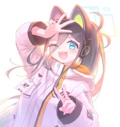 Rule 34 | 1girl, ;d, animal ear headphones, animal ears, antenna hair, aqua eyes, aqua halo, aris (blue archive), arm up, black hair, bloom, blue archive, blush, cat ear headphones, cat ears, commentary request, cosplay, fake animal ears, hair between eyes, halo, headphones, highres, hood, hood down, hooded jacket, id card, jacket, long bangs, long hair, long hair between eyes, long sidelocks, long sleeves, looking at viewer, midori (blue archive), millennium science school logo, momoi (blue archive), moron (miroir1120), multicolored jacket, one eye closed, open mouth, orange jacket, pocket, ponytail, rectangular halo, sidelocks, simple background, smile, solo, teeth, upper body, upper teeth only, v, very long hair, w, w over head, white background, white jacket, yuzu (blue archive), yuzu (blue archive) (cosplay)
