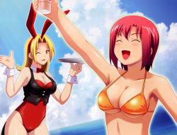 2girls absurdres animal_ears bare_legs bikini blonde_hair bottle breasts cleavage closed_eyes fake_animal_ears highres image_sample koutaro medium_breasts milk_mustache multiple_girls orange_eyes playboy_bunny rabbit_ears red_hair rio_rollins short_hair super_blackjack swimsuit tailcoat tiffany_abbott vest