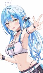 1girl :d absurdres ahoge arm_strap belt black_bow black_choker black_shorts blue_hair bow braid breasts choker cleavage commentary fang fishnet_top fishnets hair_bow hair_ornament hairclip heart heart_ahoge highleg highleg_panties highres hololive long_hair looking_at_viewer low_twintails medium_breasts midriff mt_mozuku multicolored_hair navel official_alternate_costume official_alternate_hairstyle open_fly open_mouth outstretched_arm panties panty_straps pointy_ears shorts side_braid simple_background smile solo sports_bra streaked_hair teeth twintails underwear upper_teeth_only virtual_youtuber white_background white_belt white_sports_bra yellow_eyes yukihana_lamy yukihana_lamy_(cyber)