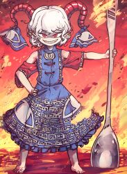 1girl absurdres bare_shoulders barefoot blue_dress breasts dress earrings fiery_background fire highres horizontal_pupils horns jewelry lolibaba looking_at_viewer medium_hair piaki pointy_ears red_eyes sharp_teeth sheep_horns small_breasts smile solo spork teeth touhou toutetsu_yuuma