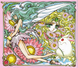 1990s_(style) 2girls absurdly_long_hair absurdres aqua_eyes aqua_hair border circlet clamp creature donut_hair_bun dress emeraude_(rayearth) fairy flower flying full_body hair_bun highres long_hair magic_knight_rayearth mokona multiple_girls official_art pink_border primera primera_(rayearth) retro_artstyle scan shoes single_hair_bun smile very_long_hair wings