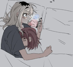 2girls black_shirt blush cellphone closed_eyes closed_mouth commentary_request cuddling ear_piercing from_above girls_band_cry grey_hair highres holding holding_phone iseri_nina kawaragi_momoka korean_commentary long_hair lying maegkaen multicolored_hair multiple_girls on_bed on_side phone piercing pillow red_hair roots_(hair) shirt short_hair short_sleeves sleeping smartphone under_covers white_shirt yuri