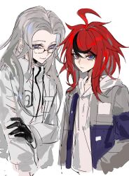 2girls ahoge aotsuki_eito black_gloves black_hair blue_eyes genderswap genderswap_(mtf) glasses gloves highres long_hair long_sleeves multicolored_eyes multicolored_hair multiple_girls parted_hair purple_eyes red_eyes red_hair simple_background sumino_takumi the_hundred_line_-last_defense_academy- white_background white_hair