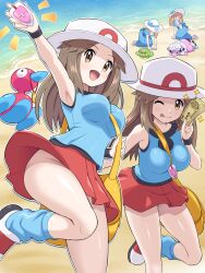 3girls :d ;p absurdres after_battle arm_up badge bag beach between_breasts blonde_hair blue_dress blue_socks blue_tank_top breasts brown_eyes brown_hair day dress flaaffy gen_2_pokemon handbag hat highres holding holding_badge holding_money lady_(pokemon) leaf_(pokemon) long_hair medium_breasts miniskirt money multiple_girls multiple_views nintendo no_panties one_eye_closed open_mouth outdoors pokemoa pokemon pokemon_(creature) pokemon_frlg porygon2 red_shoes red_skirt shoes skiploom skirt smile socks strap_between_breasts sun_hat tank_top thighs tongue tongue_out victory water white_hat yellow_bag