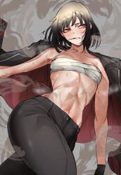 black_hair black_jacket black_pants chest_sarashi cigarette highres jacket limbus_company medium_hair nb8c pants project_moon ryoshu_(project_moon) sarashi smoking sweat
