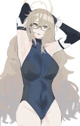 1girl akane_(blue_archive) armpits arms_behind_head arms_up bare_shoulders black_leotard black_sleeves blonde_hair blue_archive blue_leotard breasts cosplay covered_navel glasses hair_between_eyes halo headset large_breasts leotard long_hair misutkaru solo thighs toki_(abi-eshuh)_(blue_archive) toki_(blue_archive) toki_(blue_archive)_(cosplay) very_long_hair white_background yellow_eyes yellow_halo