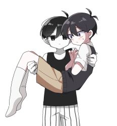 Rule 34 | 2boys, antenna hair, black eyes, black hair, black sweater vest, black tank top, blush, brown shorts, carrying, closed mouth, collarbone, collared shirt, colored skin, constricted pupils, dual persona, highres, kiimorisame, male focus, multiple boys, omori, omori (omori), princess carry, shirt, short hair, shorts, simple background, socks, sunny (omori), sweatdrop, sweater vest, tank top, white background, white shirt, white shorts, white skin, white socks