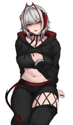 1girl absurdres ahoge anger_vein antenna_hair arknights black_hoodie black_pants breasts clothing_cutout collarbone commentary crop_top cropped_hoodie disembodied_hand drawstring english_commentary grey_hair highres hood hood_down hoodie large_breasts long_sleeves looking_at_viewer midriff multicolored_hair myb52 navel open_mouth orange_eyes pants red_hair short_hair simple_background sitting streaked_hair tail thigh_cutout v-shaped_eyebrows w_(arknights) white_background