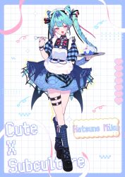 1girl :d alternate_costume apron black_shoes blue_border blue_dress blue_hair blue_socks blush border character_name cross-laced_shoes cupcake dress enmaided food frilled_apron frills full_body grid_background hashtag-only_commentary hatsune_miku highres holding holding_plate holding_spoon long_hair looking_at_viewer maid maid_headdress multiple_thigh_straps open_mouth plaid_clothes plaid_socks plate shoes short_sleeves smile socks solo spoon standing vocaloid white_apron white_background yuusuke_(yyy_xp)