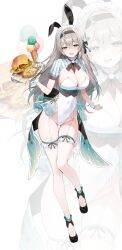 Rule 34 | 1girl, alternate costume, animal ears, aqua hair, black headband, black shoes, blush, breasts, burger, cleavage, commentary request, fake animal ears, firefly (honkai: star rail), food, french fries, frilled hairband, frills, full body, green eyes, grey hair, hair between eyes, hairband, hand up, headband, highleg, highleg leotard, holding, holding tray, honkai: star rail, honkai (series), ice cream, ice cream cone, large breasts, lemonpear, leotard, long hair, looking at viewer, multicolored hair, open mouth, rabbit ears, shoes, shrug (clothing), strapless, strapless leotard, tray, very long hair, white hairband, white leotard, white wrist cuffs, wrist cuffs, zoom layer