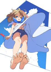 1girl absurdres barefoot blonde_hair blue_eyes blue_neckerchief blue_shorts cloud dorontabi dress eyelashes feet female_focus food from_below highres holding holding_food holding_popsicle idolmaster idolmaster_million_live! idolmaster_million_live!_theater_days navel neckerchief no_bra no_panties open_mouth popsicle shorts shorts_under_dress sleeveless sleeveless_dress soles solo standing suou_momoko toes uneven_eyes upshorts upskirt white_dress