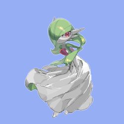 blue_background bob_cut colored_skin dress gardevoir gen_3_pokemon green_hair green_skin hair_over_one_eye lowres multicolored_skin nintendo oyama_yoihaya pink_eyes pokemon pokemon_(creature) simple_background two-tone_skin white_dress white_skin