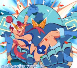 1girl blue_eyes blue_footwear blue_slingshot_swimsuit breasts gen_5_pokemon gloves golurk hair_ornament highres holding kamina_shades large_breasts long_hair looking_at_viewer nintendo one_side_up open_mouth pokemon pokemon_(creature) pokemon_bw red_hair sky skyla_(pokemon) slingshot_swimsuit smile supermondobeat swimsuit tengen_toppa_gurren_lagann